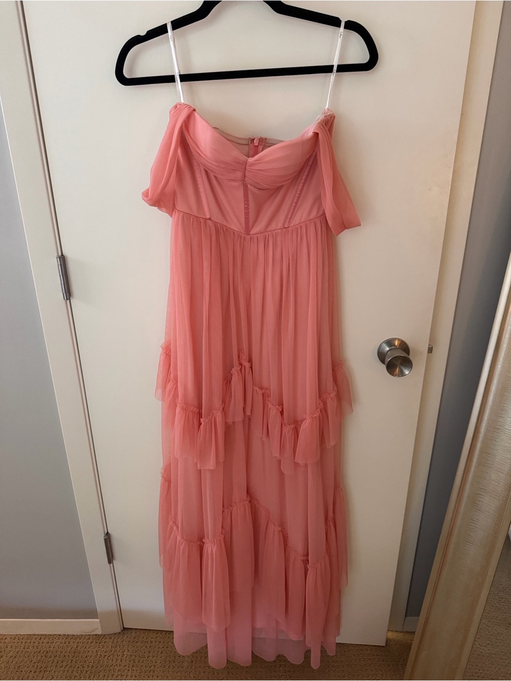 Lulu's Coral Off-Shoulder Tiered Chiffon Maxi Dress